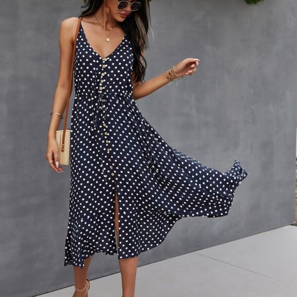 Button down Drawstring Waist Polka Dot Cami Dress - Picture 6 of 6